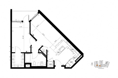 Floor plan for 1 bed, 1 bath, 773 sqft